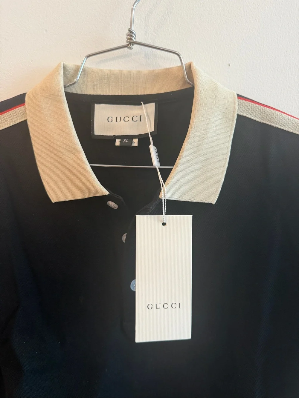 Men Gucci Black Polo with Cream Collar and Red-White Stripe Shoulders